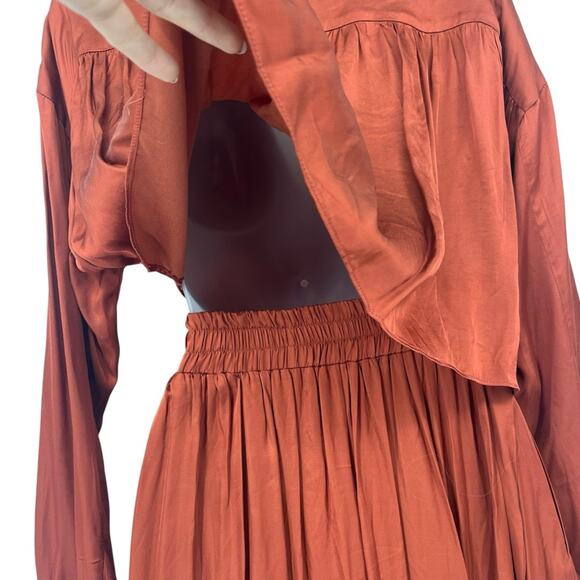 MISA Blair Dress Burnt Orange Satin Midi Long Sleeve Open Back Belted XS NWT - Picture 11 of 14